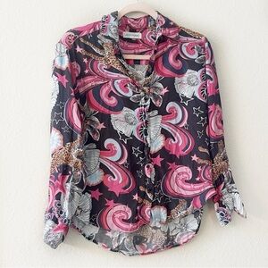 RARE Las Surenas Grey Pink Stars Cheetah Button Down Shirt size Small